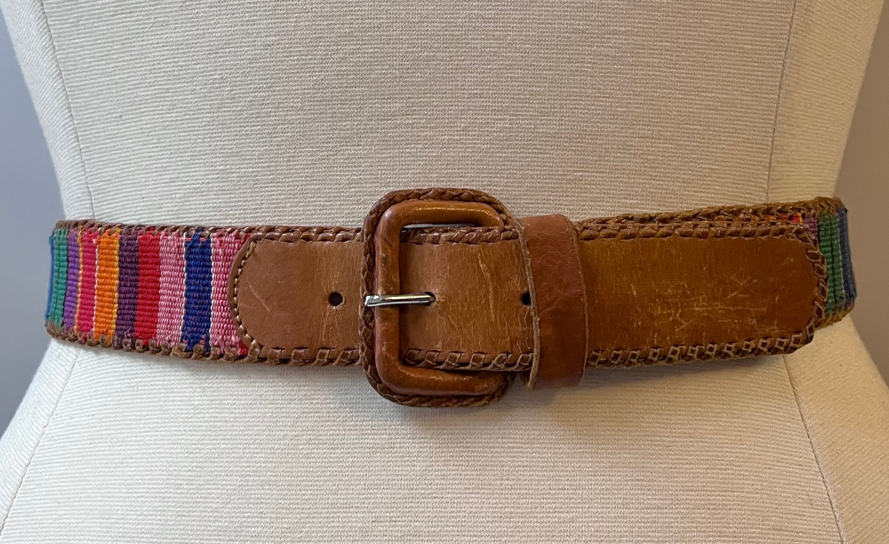 Vintage Guatemalan Leather & Woven Cotton Belt, Size: L