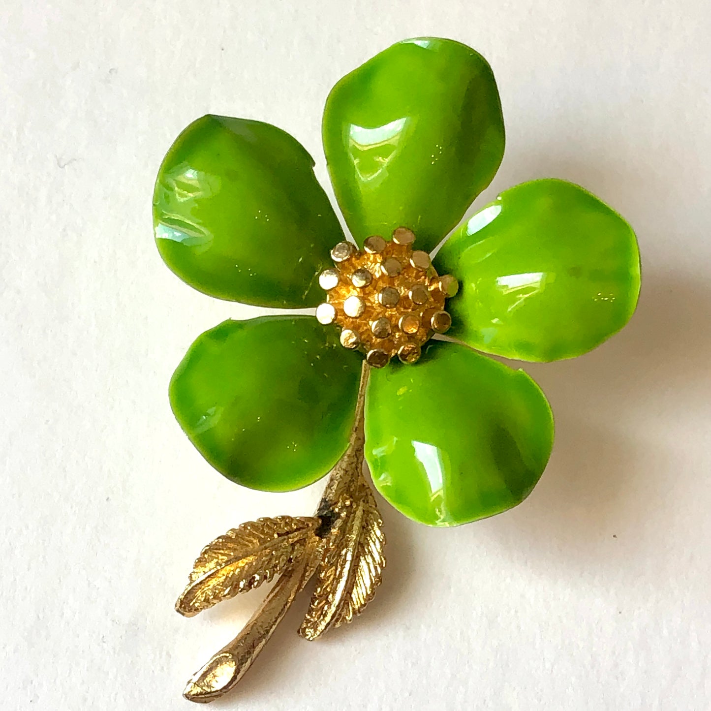 Mid Century Lime Green Enamel on Metal Floral Brooch & Clip Earring Set
