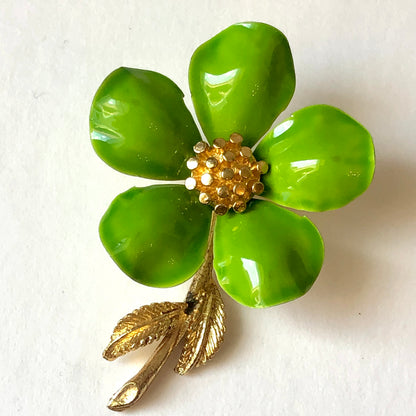 Mid Century Lime Green Enamel on Metal Floral Brooch & Clip Earring Set
