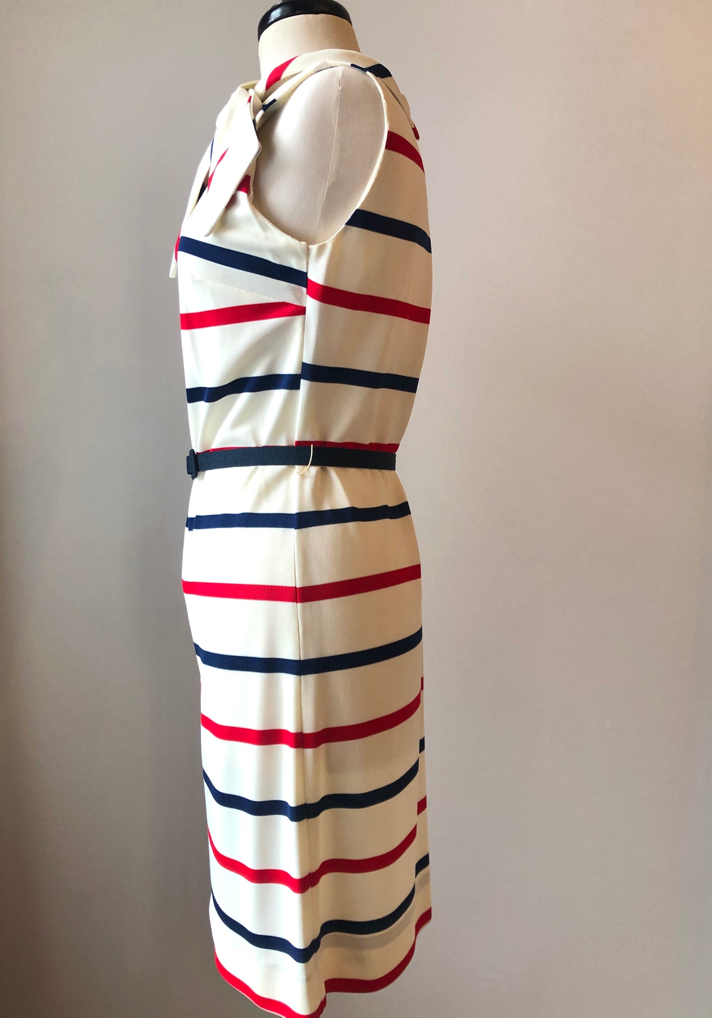 1960’s Red & Navy Striped Sheath Dress with Scarf Neckline and Fabric Belt, Size 8/10