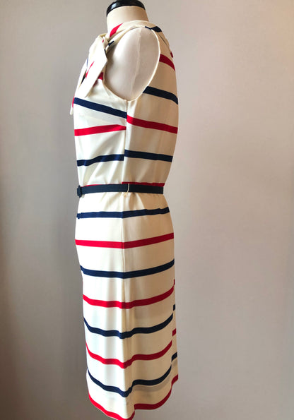 1960’s Red & Navy Striped Sheath Dress with Scarf Neckline and Fabric Belt, Size 8/10