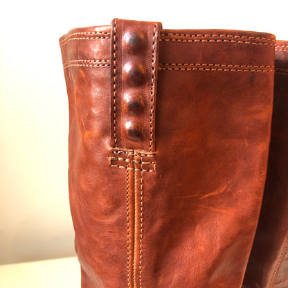 Pre-Owned Frye Miranda Tall Cognac Distressed Leather Pull On High Heel Boots, Size 8.5