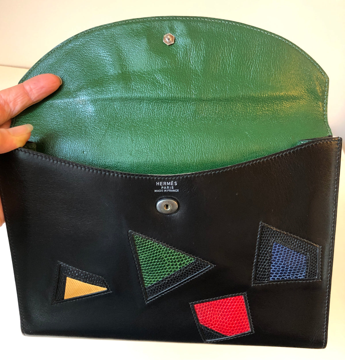Pre-Owned Vintage 1980’s Hermès Leather and Lizard Block Pochette Rio Clutch Bag