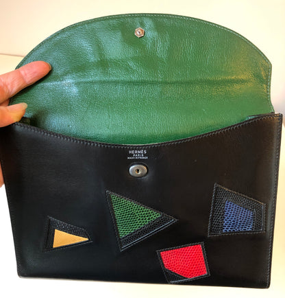 Pre-Owned Vintage 1980’s Hermès Leather and Lizard Block Pochette Rio Clutch Bag