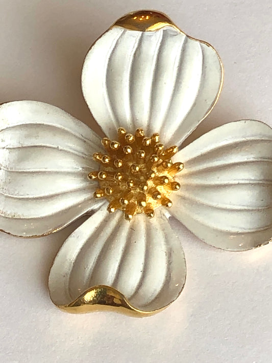 1960’s Signed Crown Trifari Enamel & Gold-Tone Dogwood Brooch