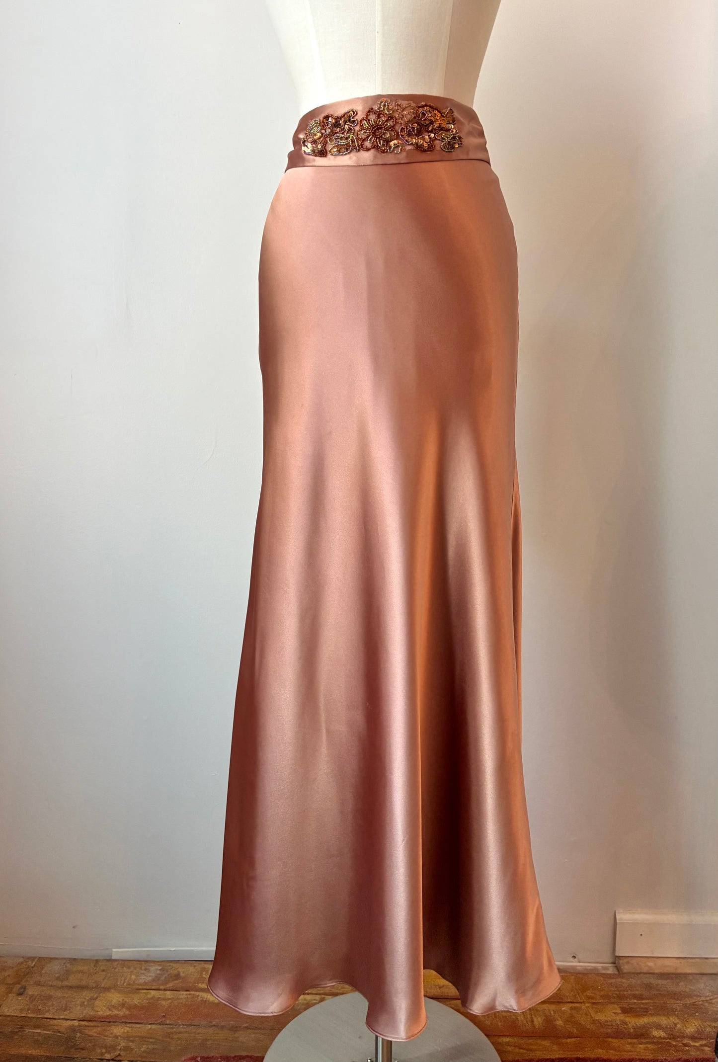 1990’s Satin Maxi Skirt with Beaded Appliqué, Size: M/L