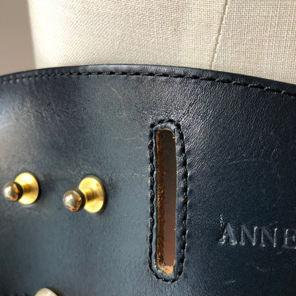1980’s Anne Marie Beretta Wide Navy Leather Architectural Waist Belt, Size Small-Med