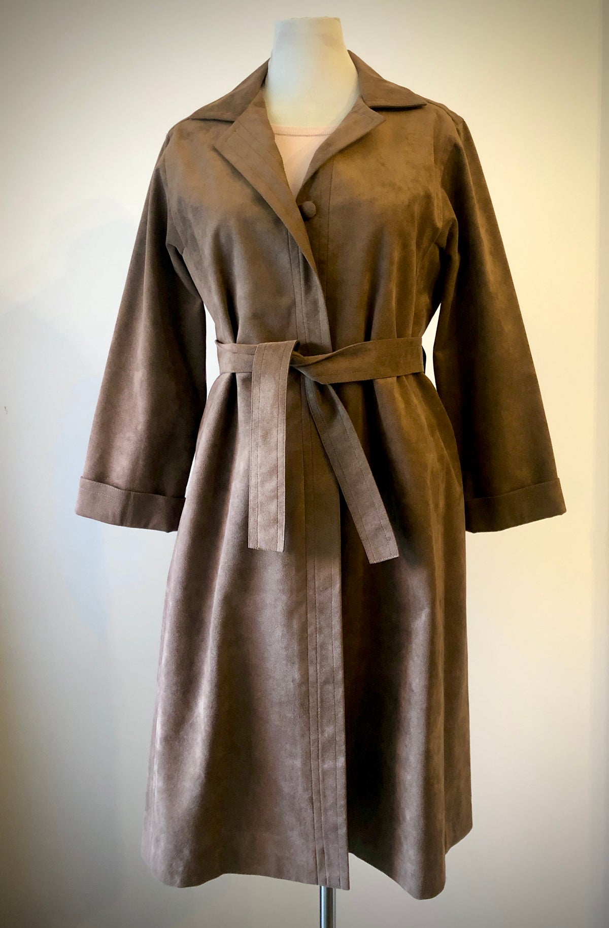 1970’s Hannelore Cocoa Brown Faux Suede Trench Coat, Size 12