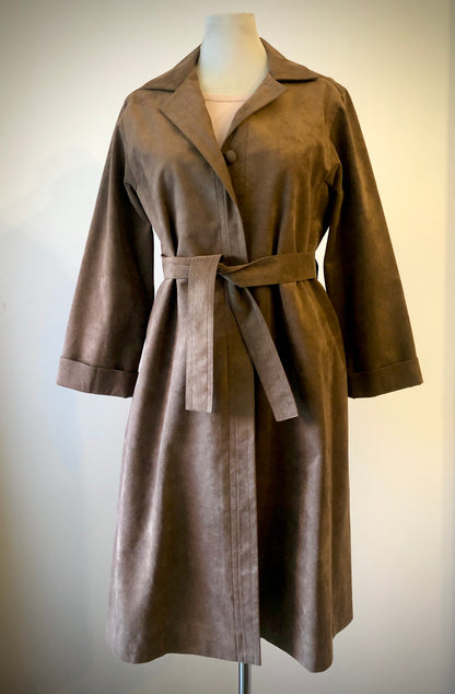 1970’s Hannelore Cocoa Brown Faux Suede Trench Coat, Size 12