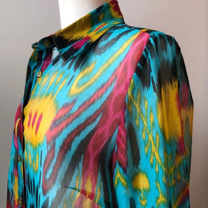 2PC Al Jazeera Tailoring Boho Sheer Tunic Blouse & Satin pant set, Size Medium - Large