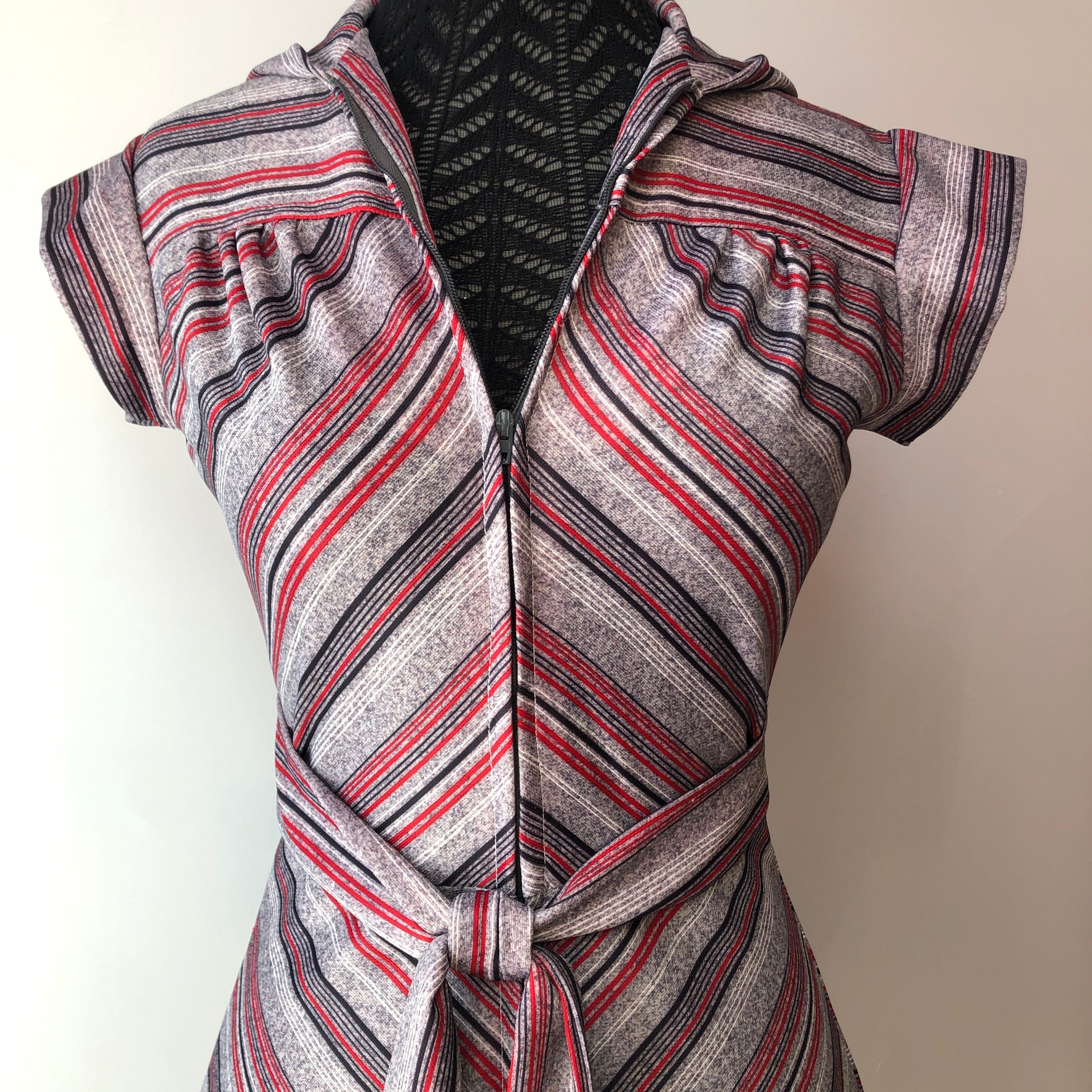 1970’s Chevron Stripe Hooded Poly Fit-n-Flare Dress, Size XS Petite