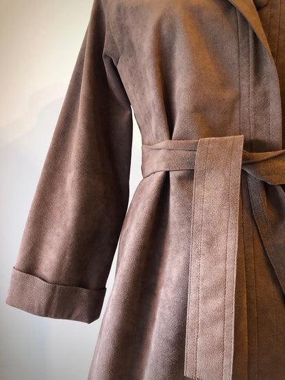1970’s Hannelore Cocoa Brown Faux Suede Trench Coat, Size 12