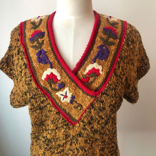 1980’s SML Sport Hand Knit Cap Sleeve Embroidered V-Neck Sweater, Size Medium
