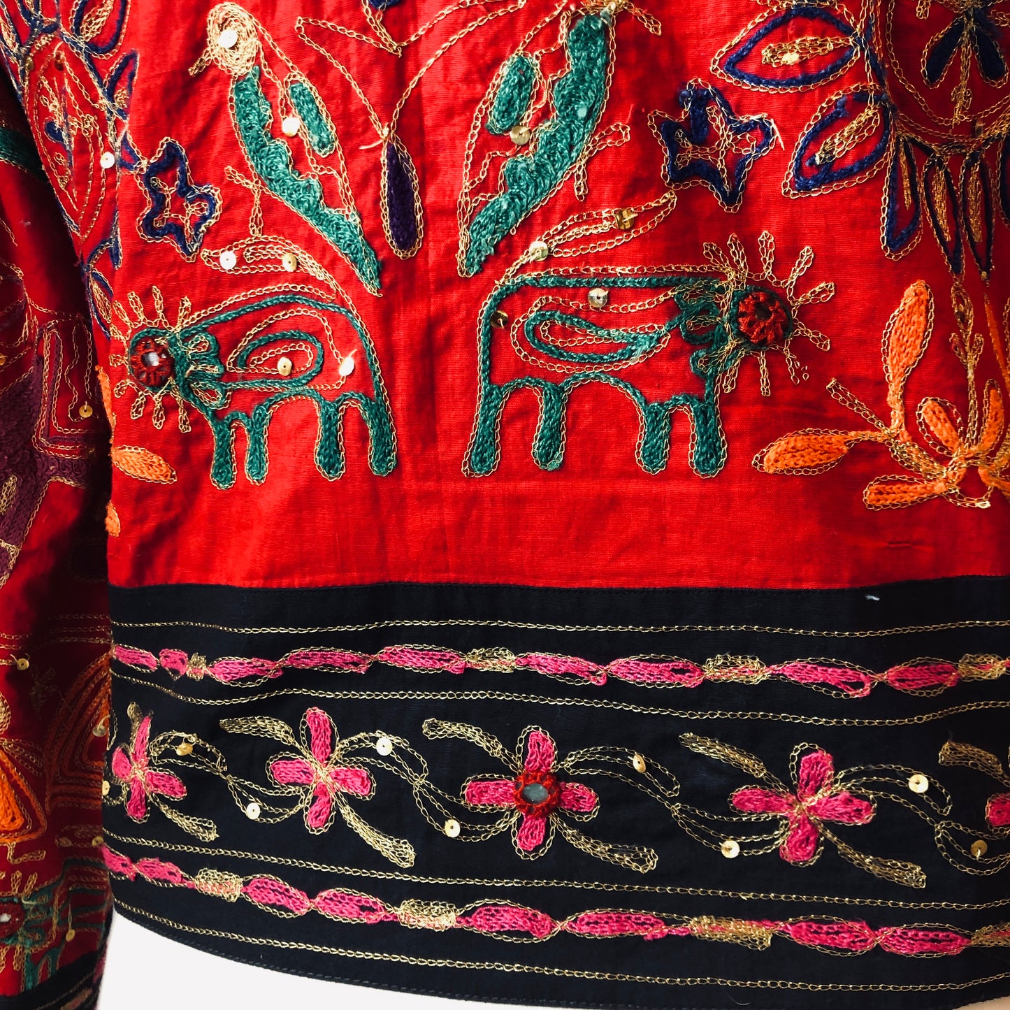 Vintage Passports Artisan Embroidered Elephant/Bird 100% Cotton Cropped Jacket, Size Large