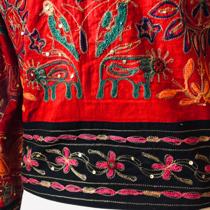 Vintage Passports Artisan Embroidered Elephant/Bird 100% Cotton Cropped Jacket, Size Large