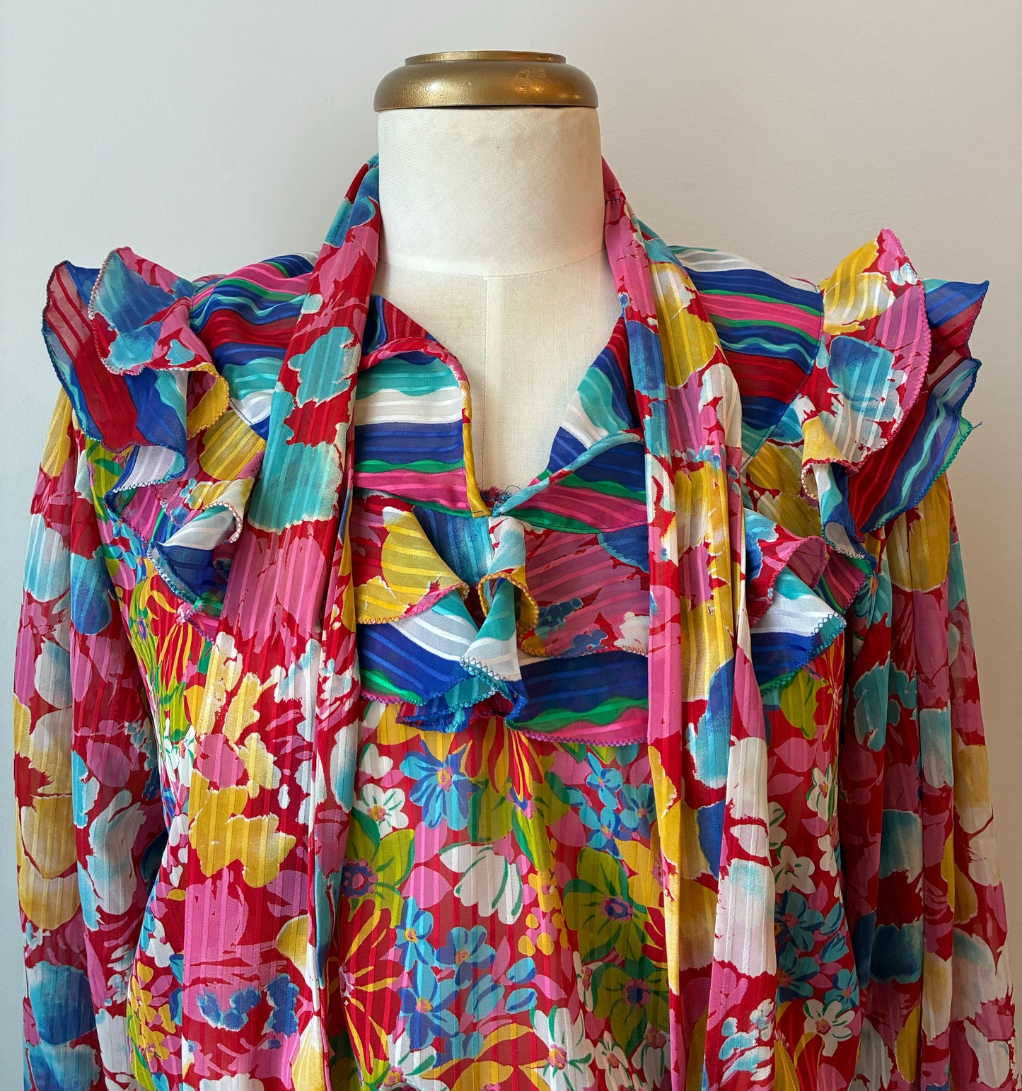 1980’s Diane Freis Ruffled Floral on Stripe Sheer Dress, Size Medium