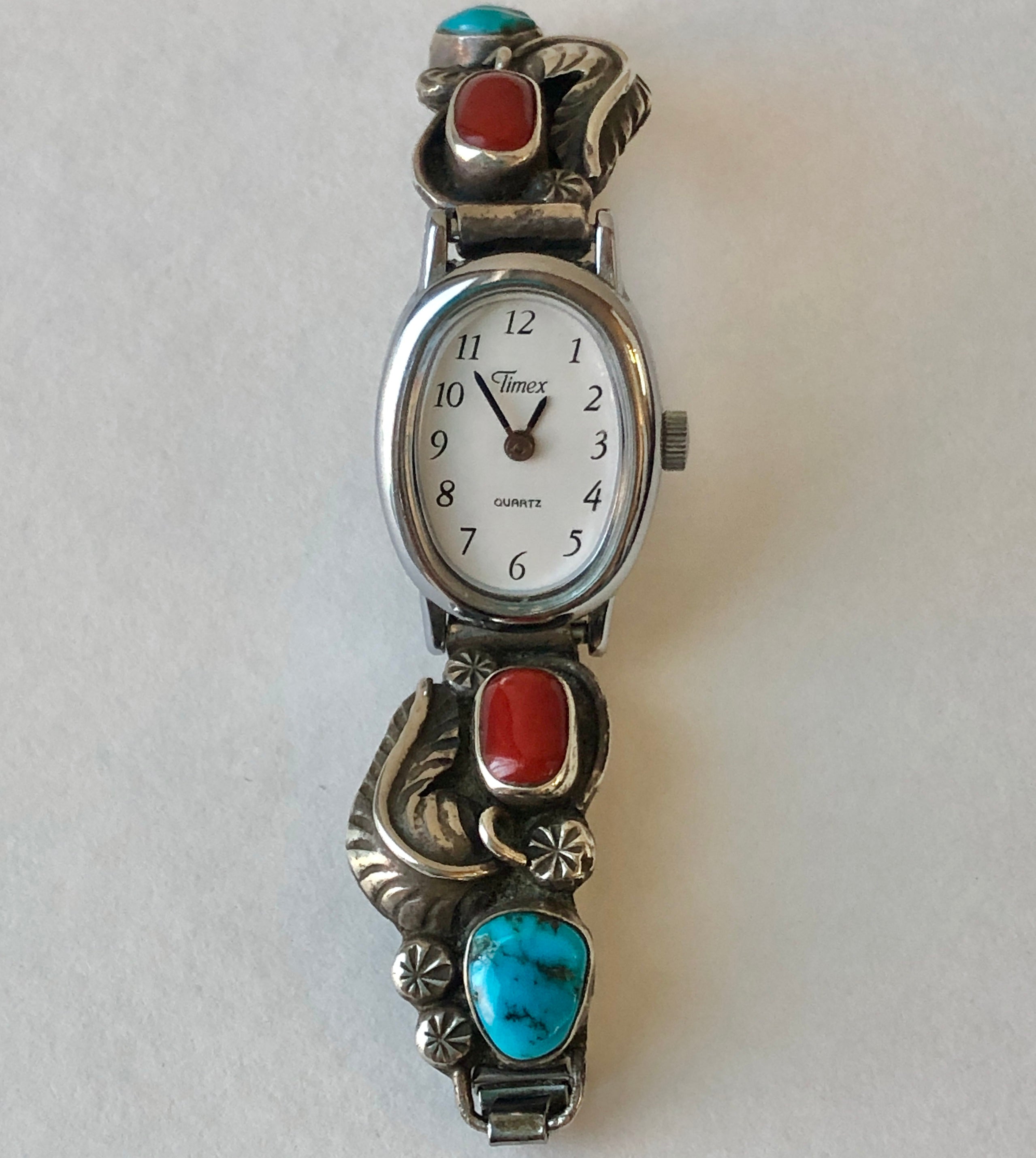 Vintage Timex Southwestern Style Sterling, Coral, and Turquoise Ladies Watch