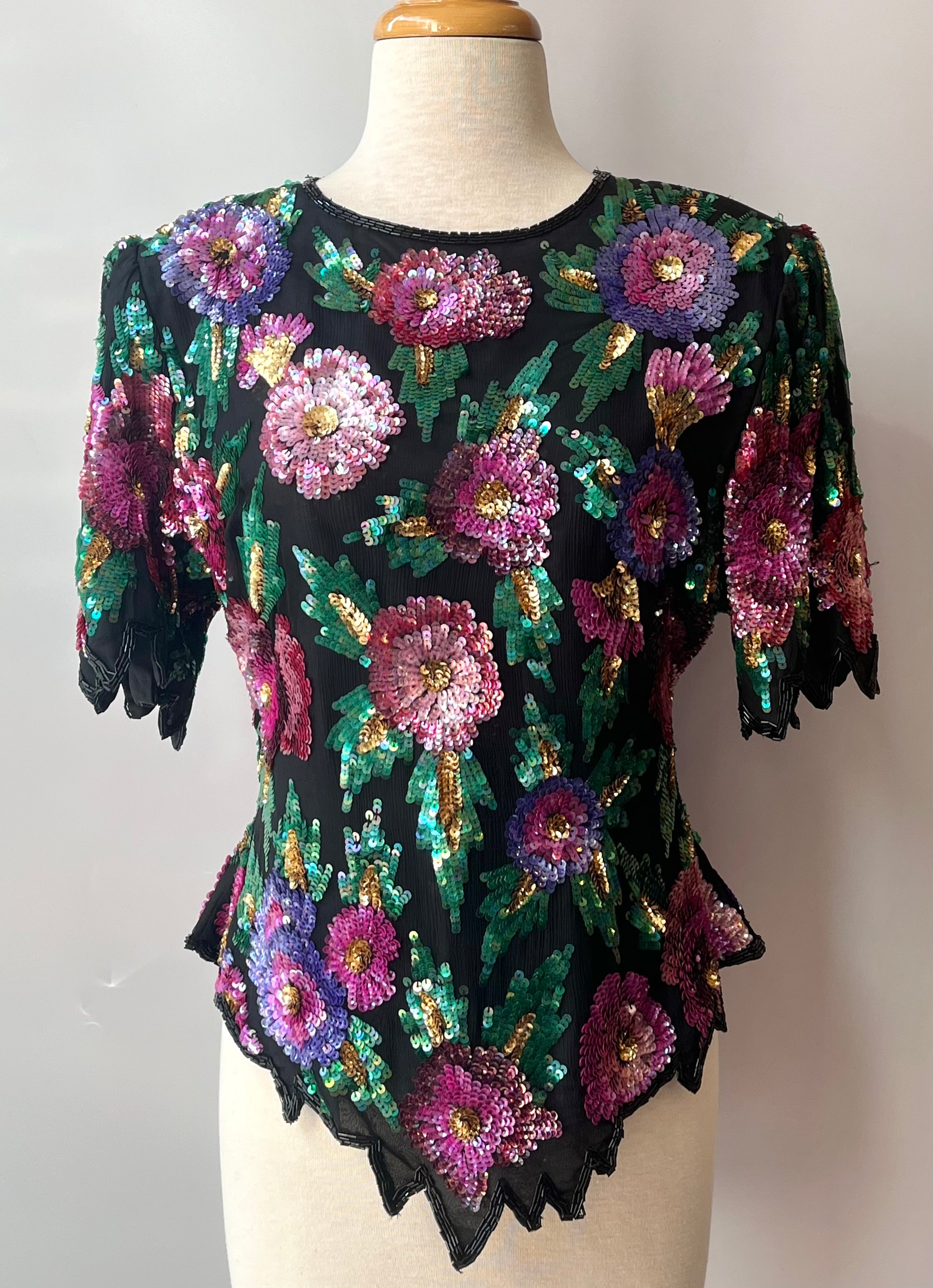 1980s Vintage Laurence Kazar Silk Beaded Multicolor Shirt, Size: S/M
