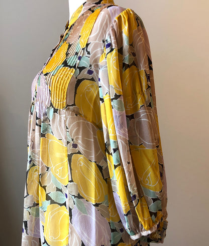 Pre-Owned Diane Von Furstenberg 100% Silk Yellow & Mauve Floral Pin-tucked Billowy Blouse, Size 6