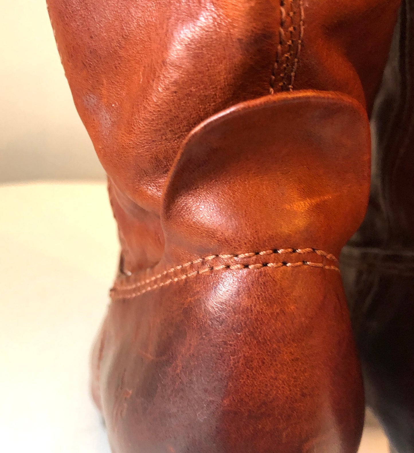 Pre-Owned Frye Miranda Tall Cognac Distressed Leather Pull On High Heel Boots, Size 8.5