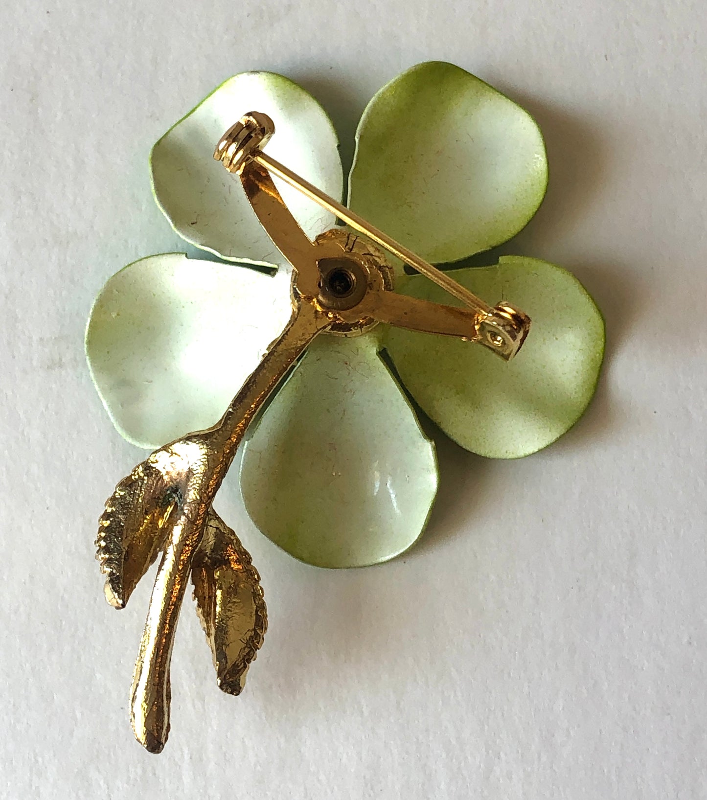 Mid Century Lime Green Enamel on Metal Floral Brooch & Clip Earring Set