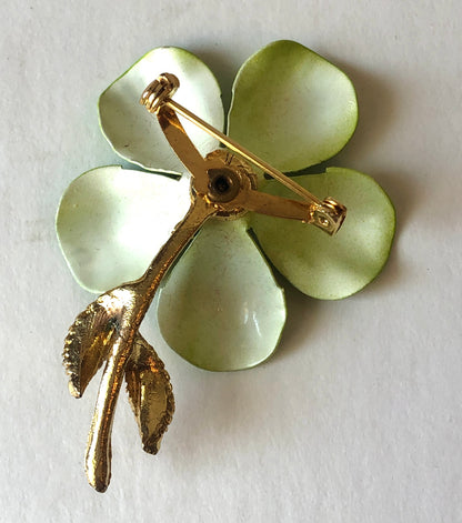 Mid Century Lime Green Enamel on Metal Floral Brooch & Clip Earring Set