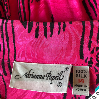 1980’s Adrianna Papell Fuschia 100% Silk Jacquard & Black Abstract Print Shirt Dress, Size 14