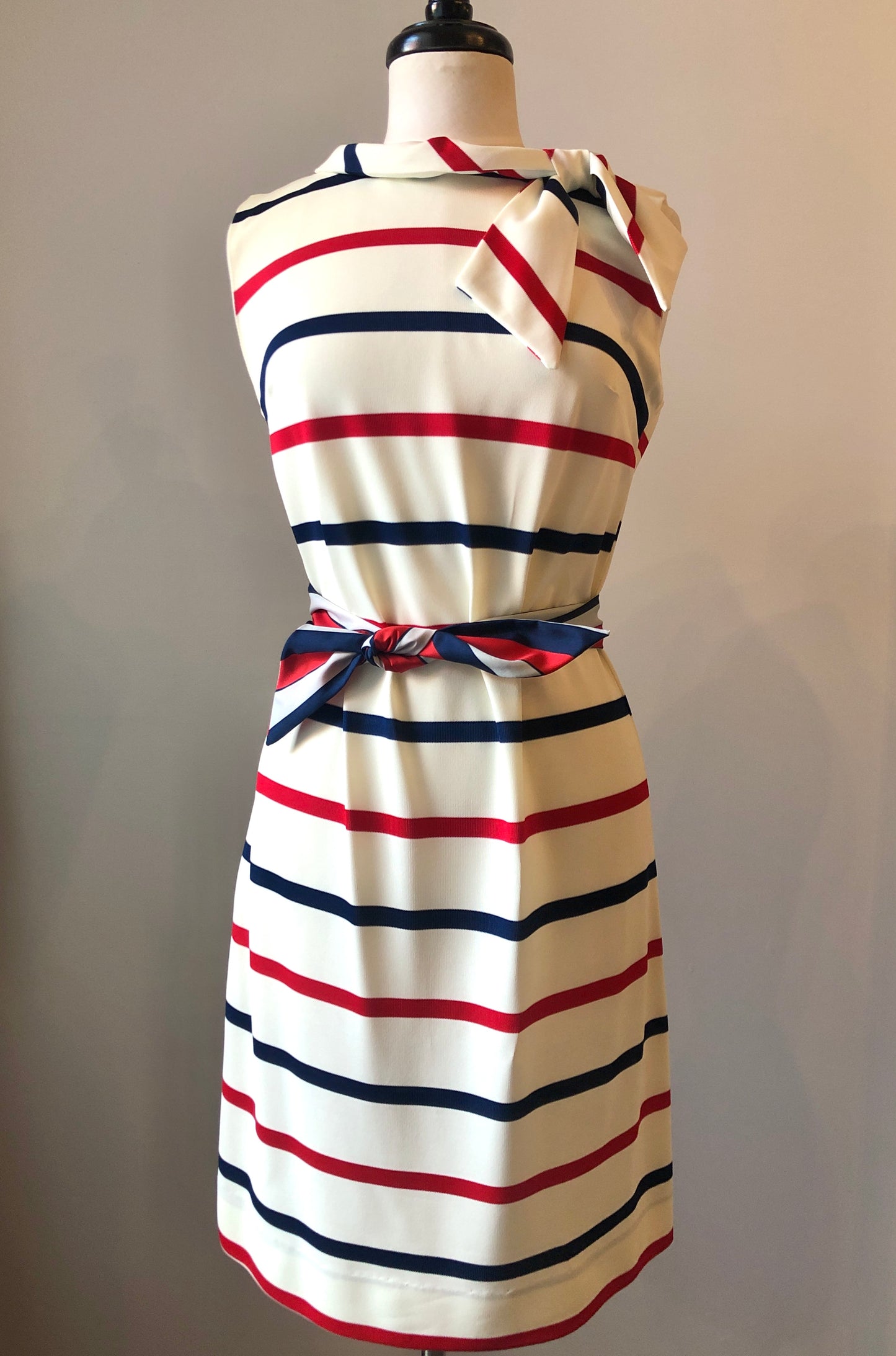 1960’s Red & Navy Striped Sheath Dress with Scarf Neckline and Fabric Belt, Size 8/10