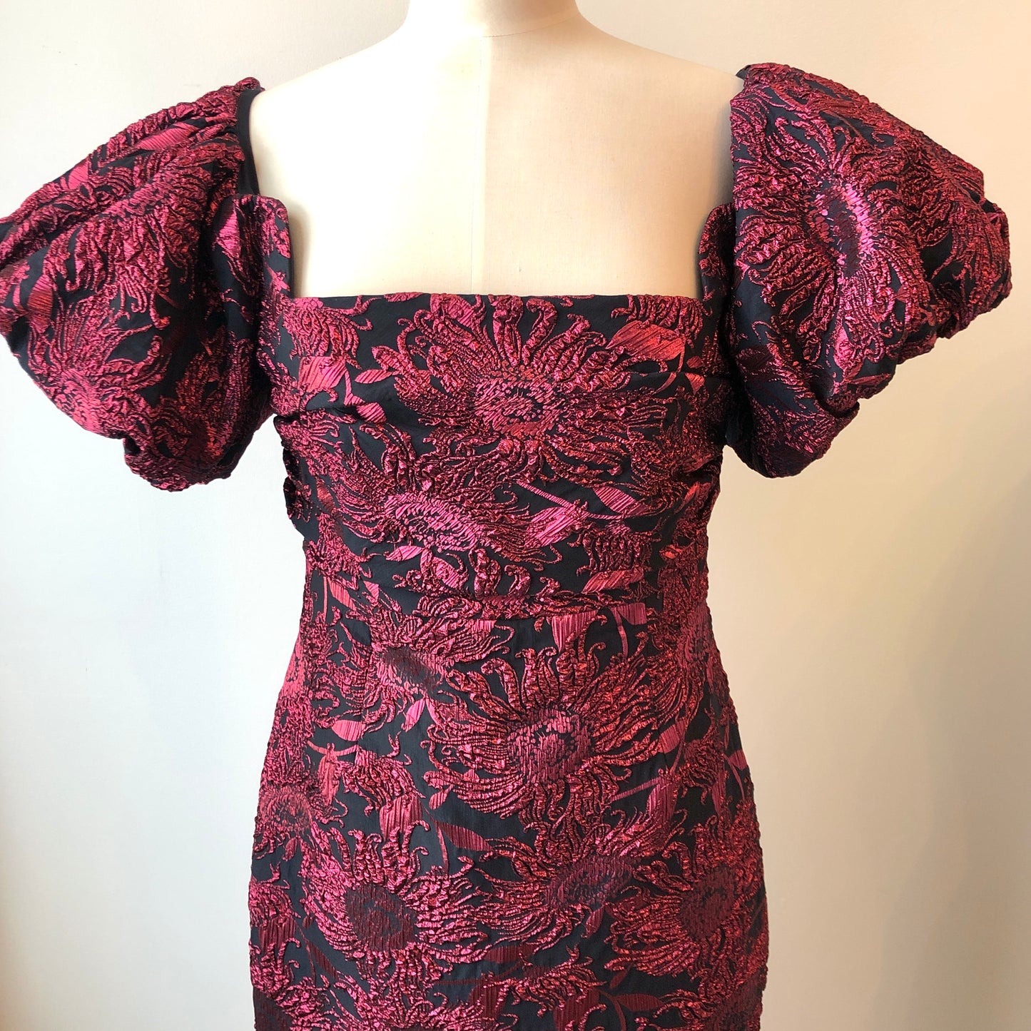 Pre-Owned NWT Lela Rose Navy & Pink Metallic Sunflower Jacquard Puff Sleeve Sheath Dress , Size 12