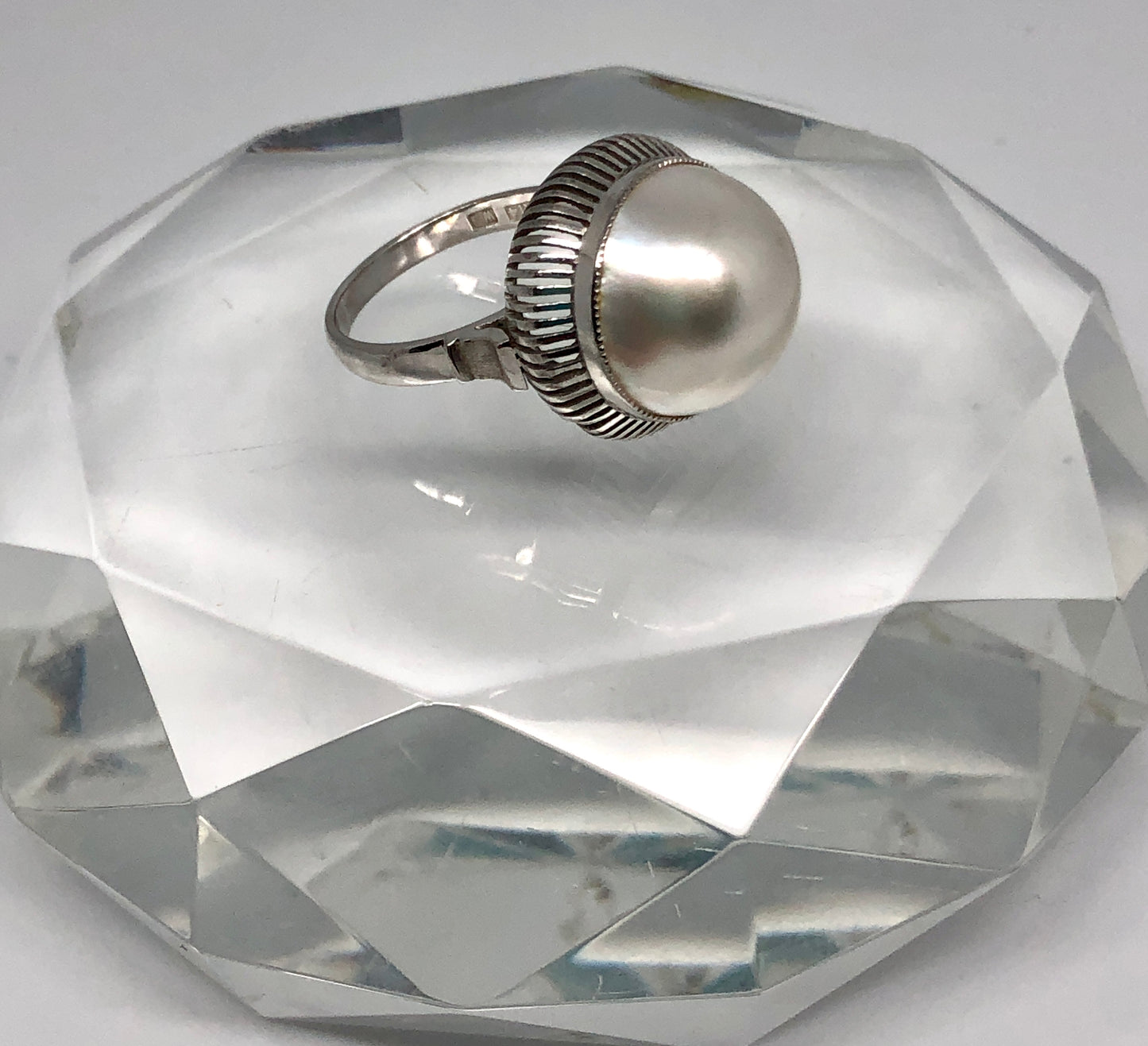 Vintage 14K White Gold Basket Set Mabé Pearl Ring, Size 6.25