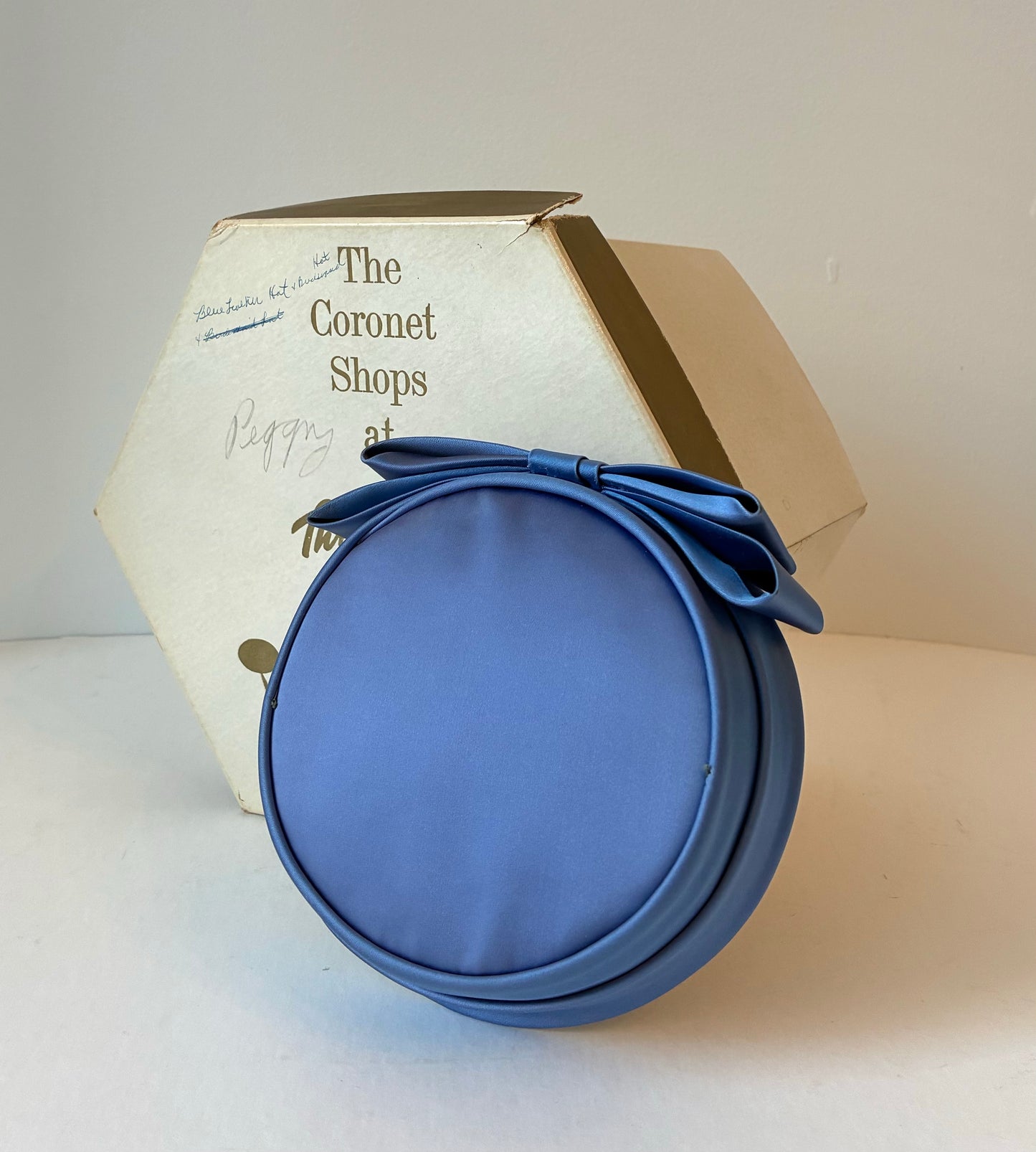 1950’s Blue Satin Pillbox Hat with Bow with Hat Box, Size Small