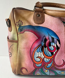 Pre-Owned 3 pc Anuschka Hand Painted Genuine Leather Satchel Handbag