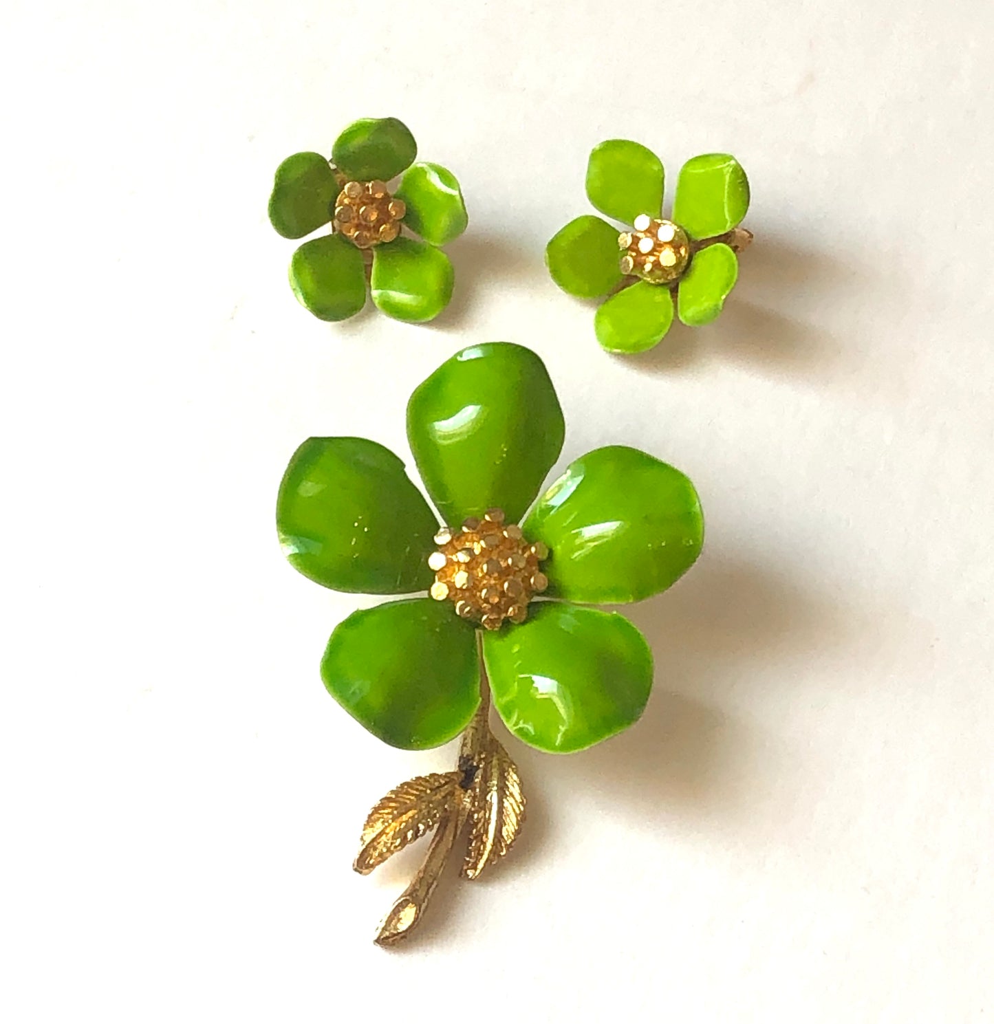 Mid Century Lime Green Enamel on Metal Floral Brooch & Clip Earring Set