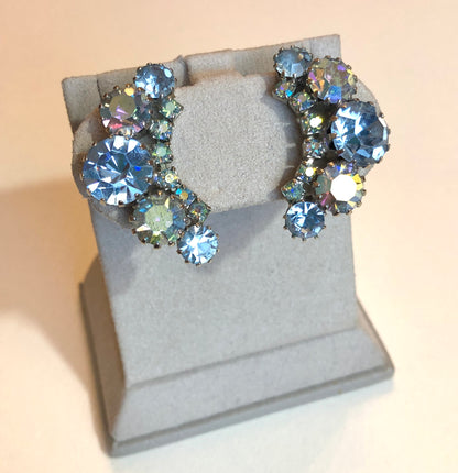 1950’s Weiss Aurora Borealis Rhinestone Crescent Shape Clip On Earrings