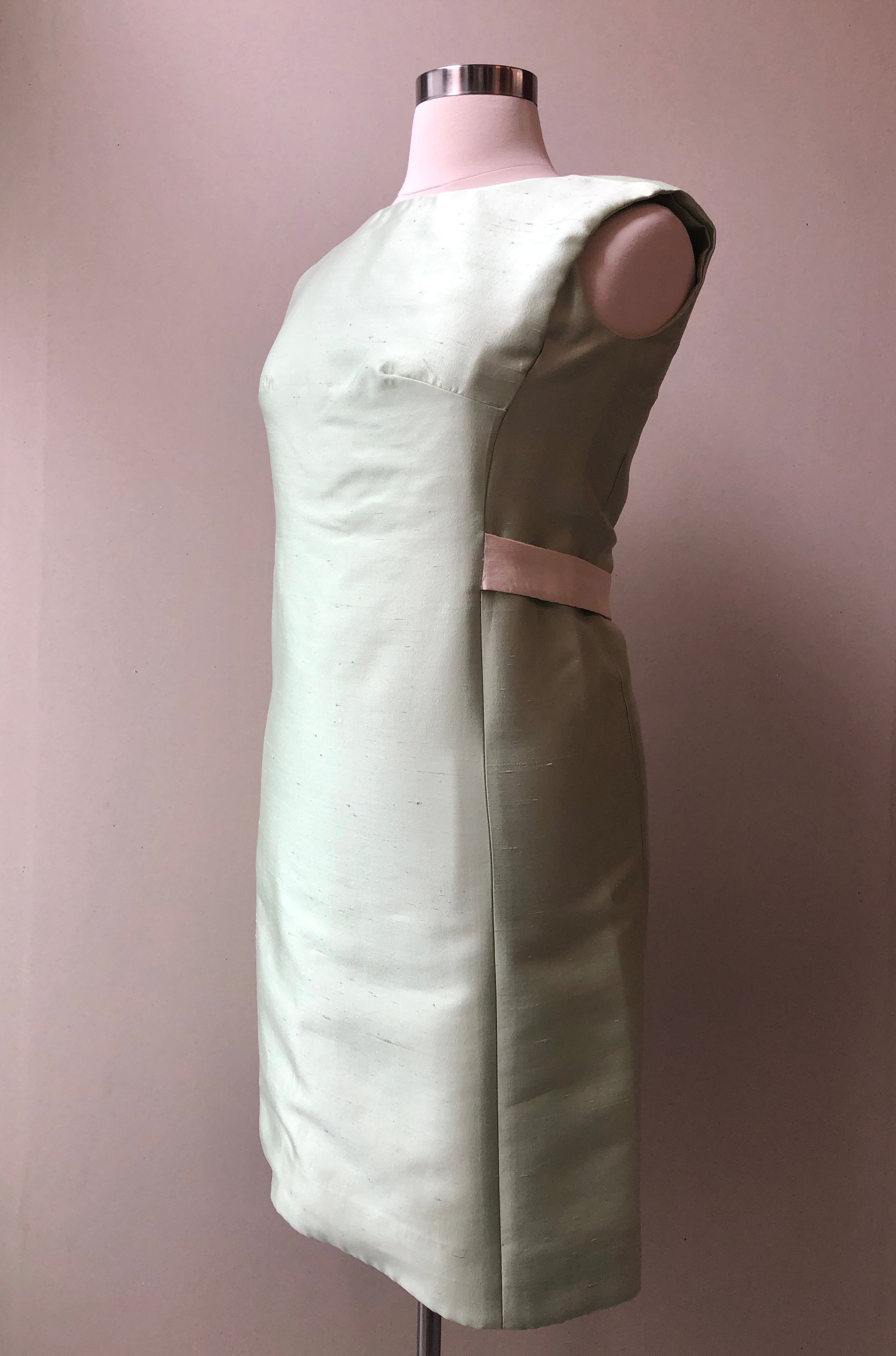 1960’s 2pc Celery & Ivory Silk Textured Coat and Dress Set, Size Large (12/14)