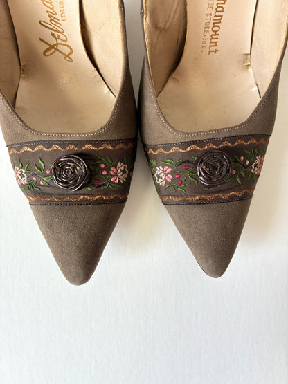 1950’s Delmanette Floral Embroidered Suede Pumps, Size: 7 1/2 N (With Box)