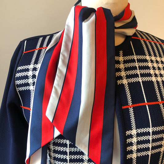 1960’s Polyester Plaid Knit Open Cardigan with Striped Angled Neck Scarf Set, Size Medium