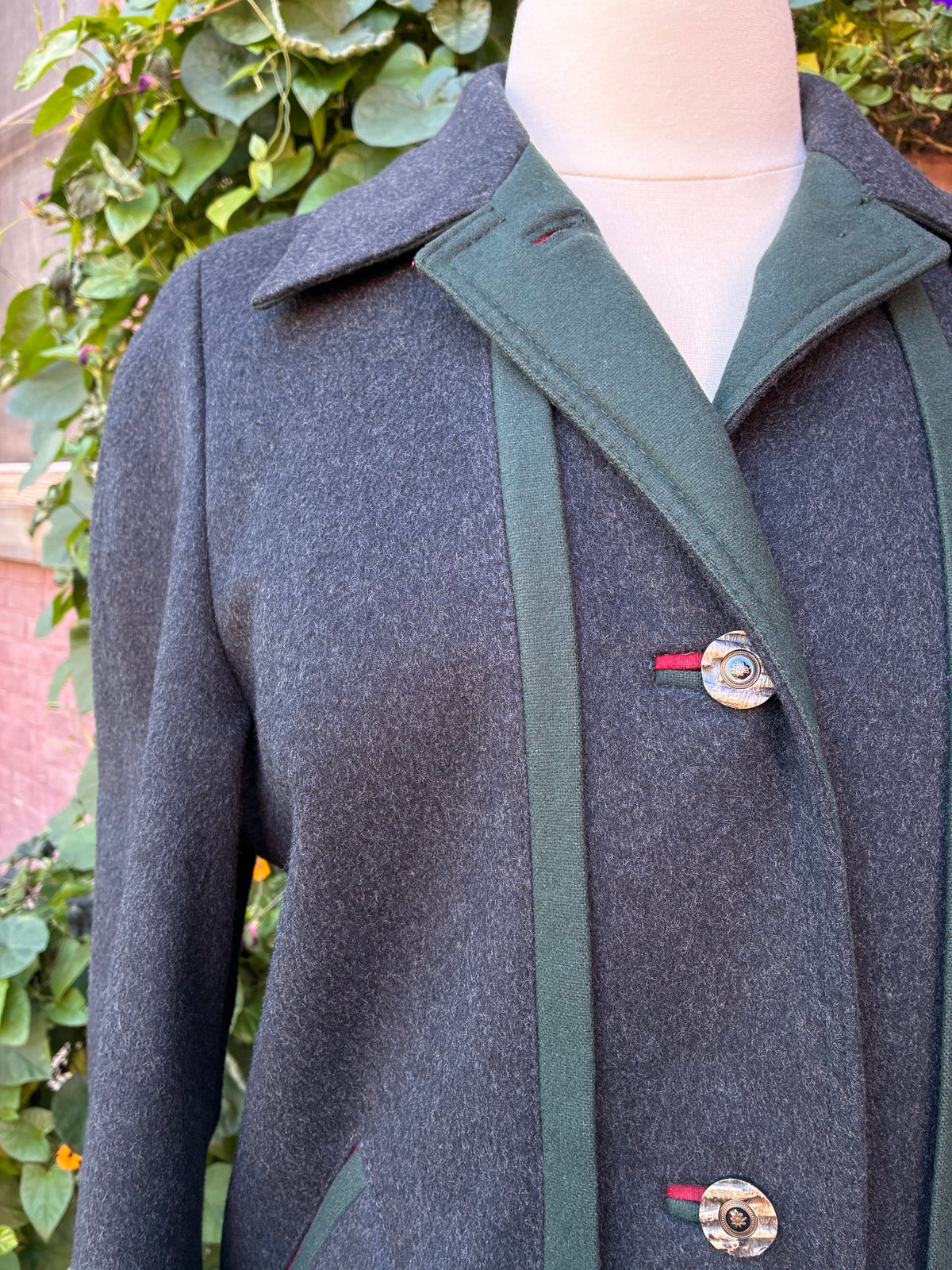 70’s/80’s Loden Dark Gray Wool-Blend Trachten Coat, Size Large (12/14)