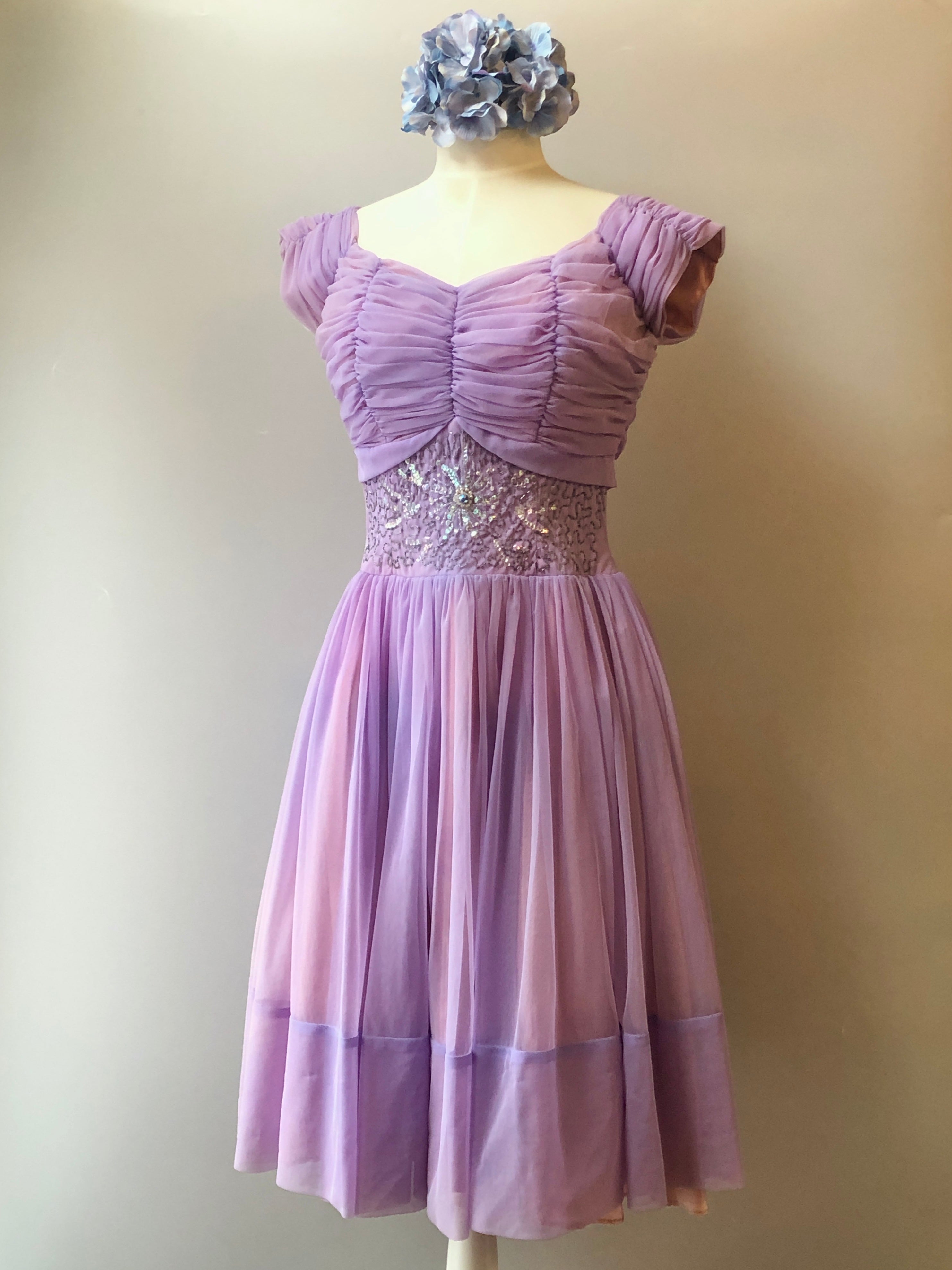 1950’s Hand Sewn Beaded & Sequin Chiffon Party Dress, Size Medium