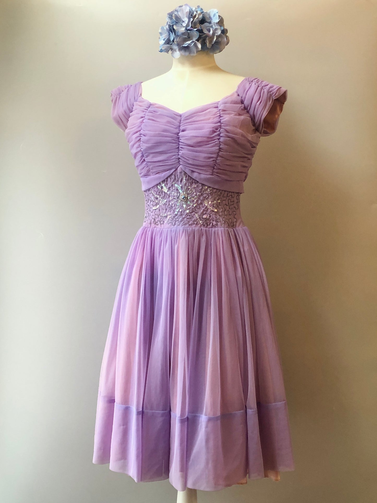 1950’s Hand Sewn Beaded & Sequin Chiffon Party Dress, Size Medium