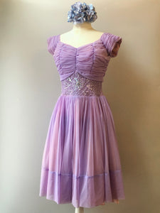 1950’s Hand Sewn Beaded & Sequin Chiffon Party Dress, Size Medium
