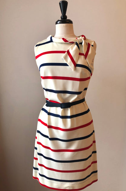 1960’s Red & Navy Striped Sheath Dress with Scarf Neckline and Fabric Belt, Size 8/10