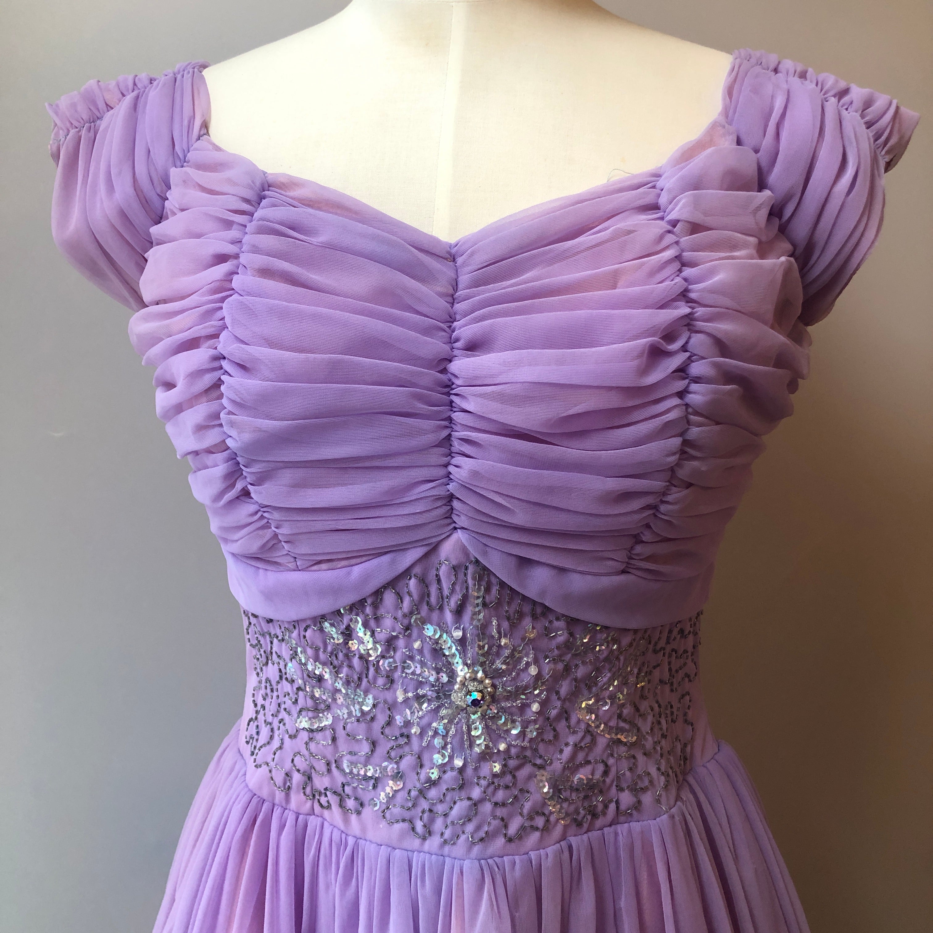 1950’s Hand Sewn Beaded & Sequin Chiffon Party Dress, Size Medium