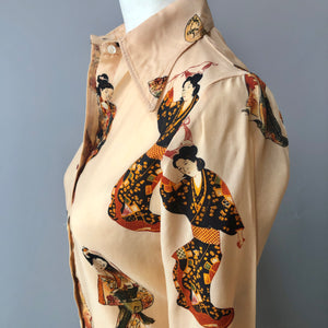 1970’s Tucci Geisha Print Peach Colored Shirt, Size X-Small