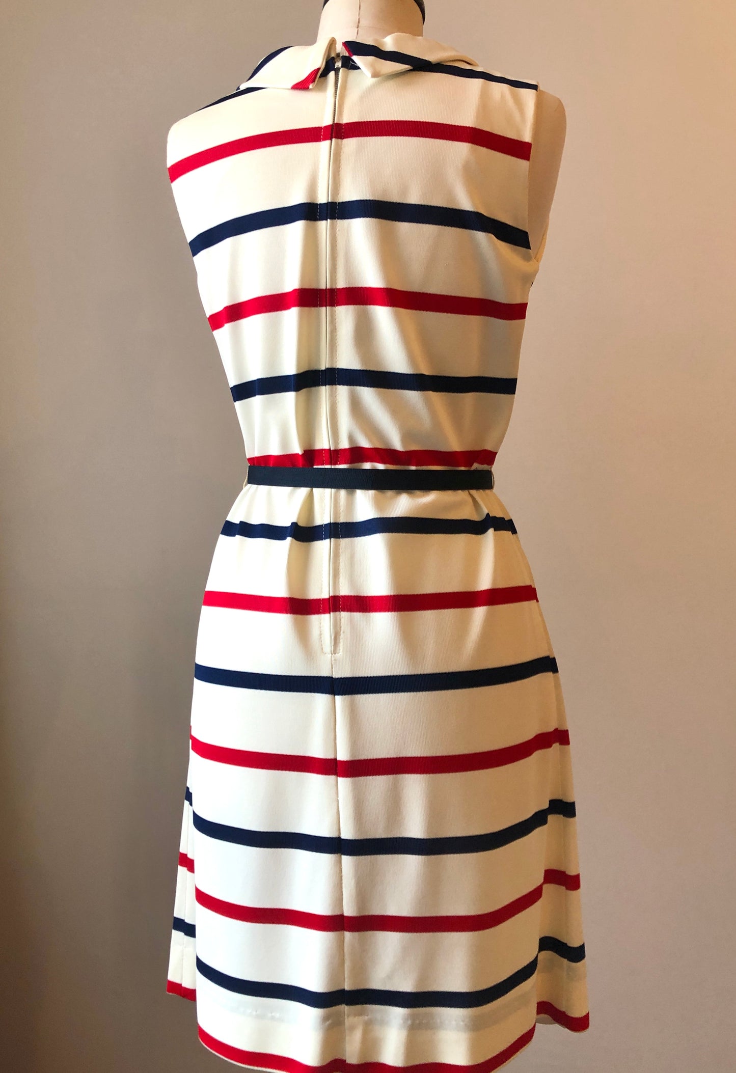 1960’s Red & Navy Striped Sheath Dress with Scarf Neckline and Fabric Belt, Size 8/10