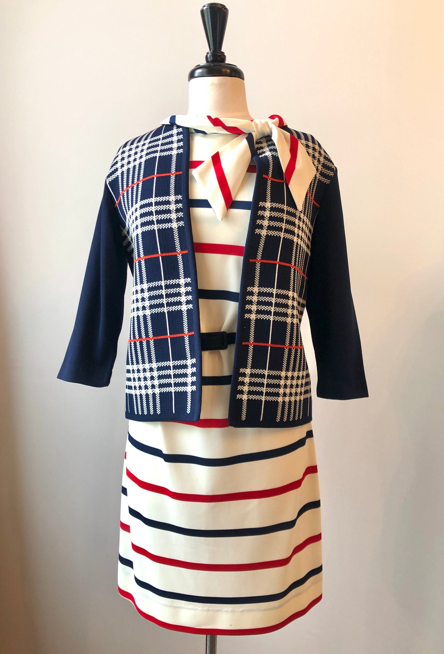 1960’s Red & Navy Striped Sheath Dress with Scarf Neckline and Fabric Belt, Size 8/10