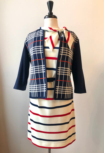 1960’s Red & Navy Striped Sheath Dress with Scarf Neckline and Fabric Belt, Size 8/10