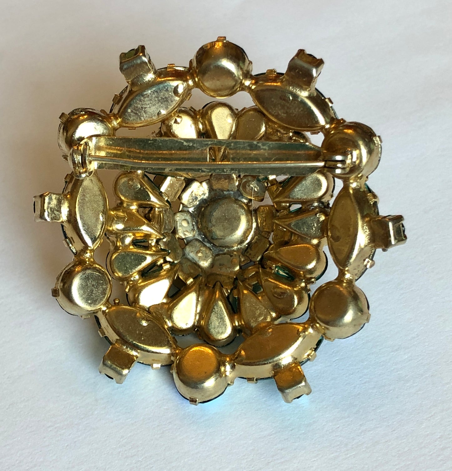 Mid Century Emerald Green Multi Cut Rhinestone Dome Shaped Cocktail Brooch