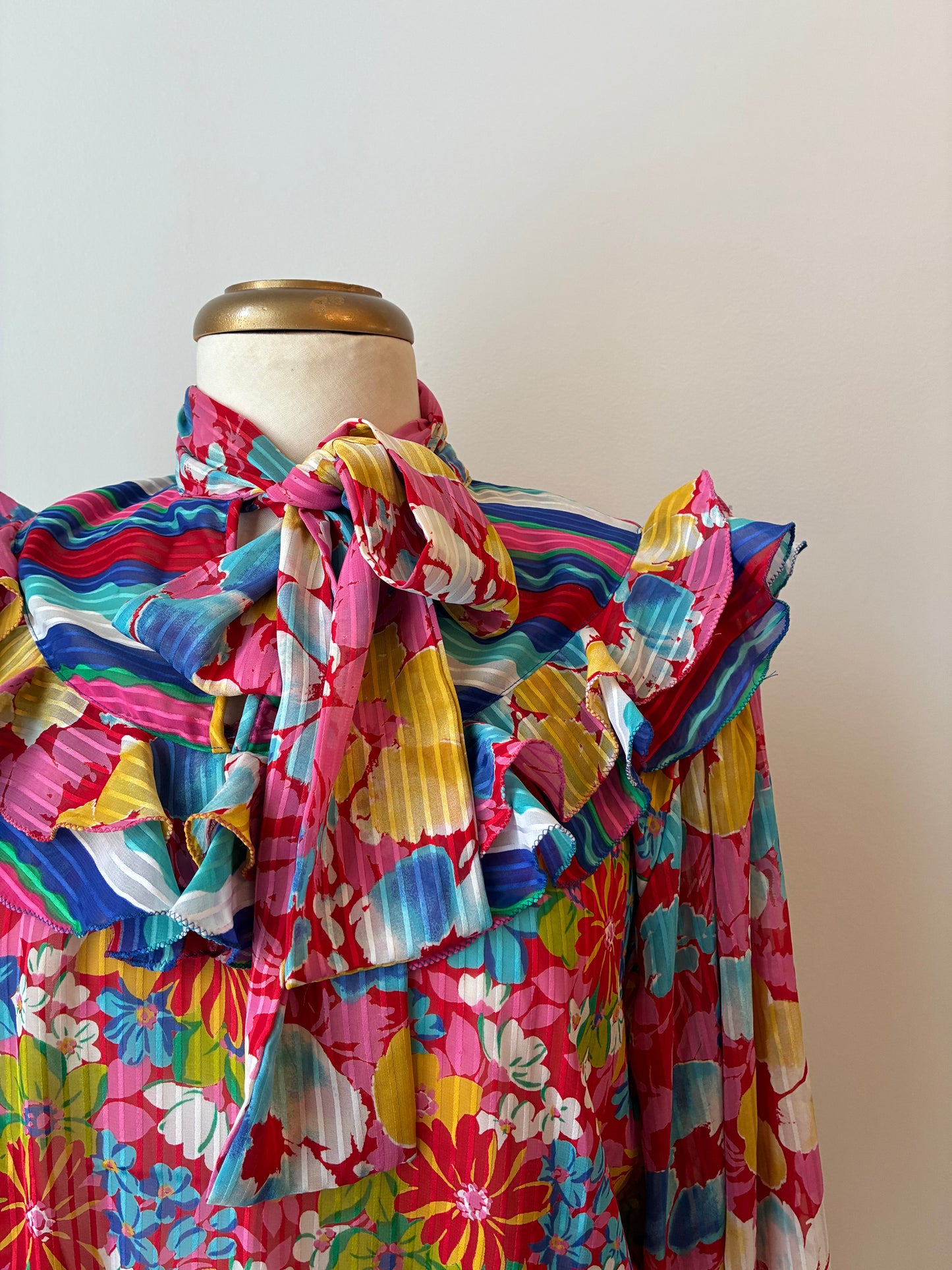1980’s Diane Freis Ruffled Floral on Stripe Sheer Dress, Size Medium