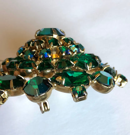 Mid Century Emerald Green Multi Cut Rhinestone Dome Shaped Cocktail Brooch